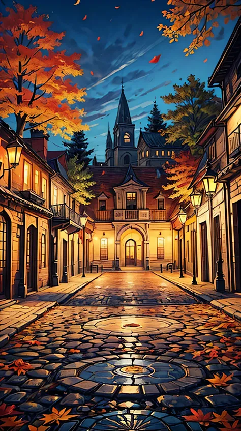 (landscape), An empty town square with an old stone fountain at its center, autumn leaves scattered across the cobblestones.