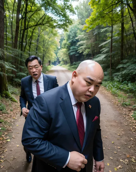 Best quality, Face Focus, Ultra-high resolution, (Reality:1.4), RAW photo,
Two Chinese mature bald round-faced middle-aged obese men in suits fighting in the forest，close up，Close shot