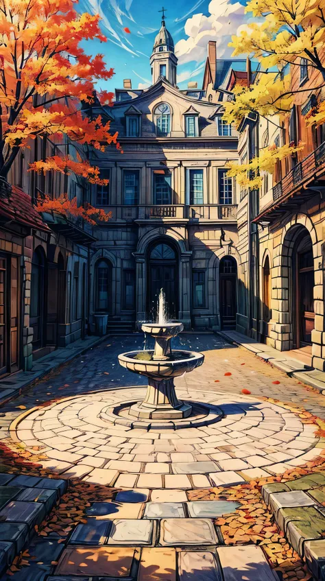 (landscape), An empty town square with an old stone fountain at its center, autumn leaves scattered across the cobblestones.