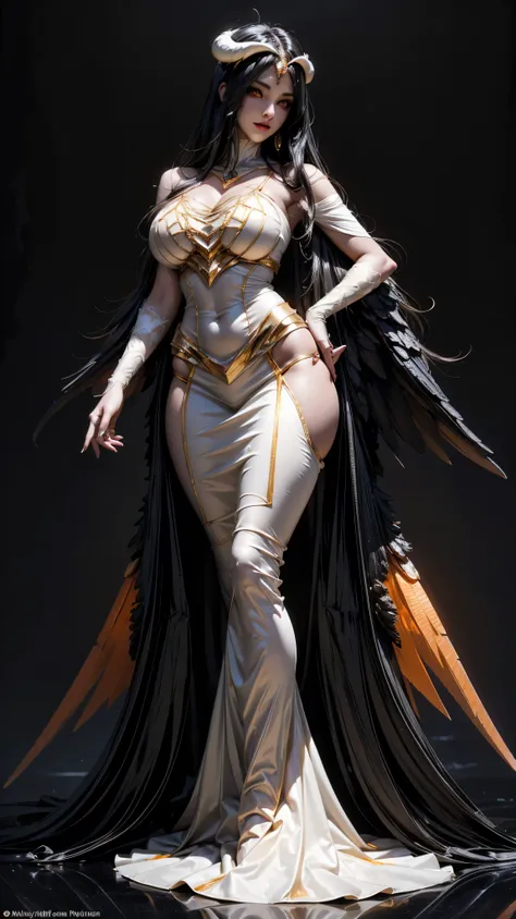 a (super realistic) beautiful sexy wife (albedo_overlord) with (glowing orange colour eyes with perfect detailing) and white att...