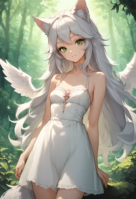 score_9, score_8_up, score_7_up, source_anime, natural lighting, (1girl, Wolf Girl, Vampire, Slightly Cute, Short, Slender, (Adult, 2, Slightly Small Breasts), Angel Wings, (Long Hair, White Hair, Green Eyes)), Cute Dress, (Outdoors, Forest), Exoterra-Styl...