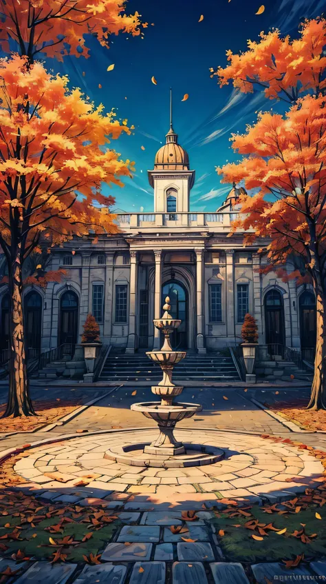 (landscape), An empty town square with an old stone fountain at its center, autumn leaves scattered across the cobblestones.