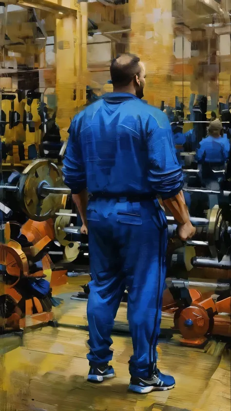 A gym filled with oversized, glowing weights and towering machines, representing the internal challenge. The person is taking their first step forward, surrounded by a vivid aura of determination and courage.