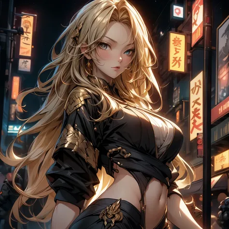 ((best quality)), ((Masterpiece)), ((Enrich the picture，Masterpiece level quality)), ultra background details, an image of a beautiful cyberpunk female, mature woman, fierce woman, cyberpunk theme, samurai woman, cyberpunk, fantasy, ((golden hair, long hai...