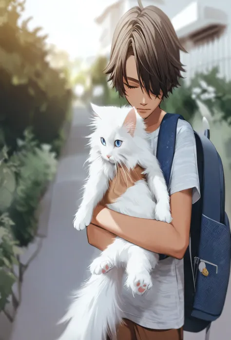 araffe boy holding a white cat in his arms, holding a cat, boy with cat ears and tail, she is holding a cat in her arms, beautiful young catgirl, holding a white fluffy kitten, white ( cat ) girl, with small cat on lap, petting a cat, white cat girl, the c...