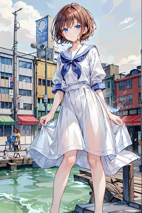  One Girl, Alone, Brown Hair,  blue eyes, View your audience, bangs, short hair, Sailor collar, Winter clothes，white Sailor collar, shirt, white shirt, Bobcut, Portraiture, Compensate, The whole body is visible, Background City，Brown Hair，Shortcuts，Messy H...