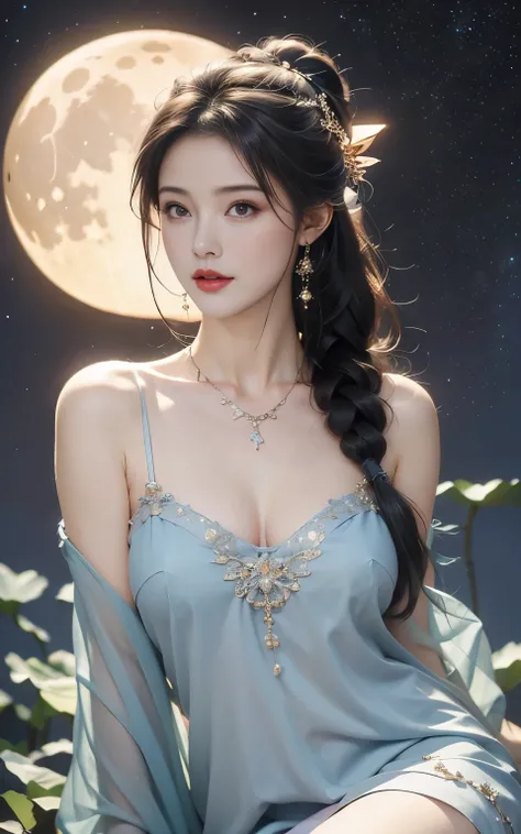 A girl,Gorgeous dress,Sitting,On the Moon,Blue moon detailed background,Moon Goddess,((healthy:1.6))(Beautiful big breasts:1.45)Extruded, (obesity:1.3),Short face,Fairy in the sky,(Halo:1.2),Small lips,((Holding a glowing moon model in one hand)) ,Very bea...