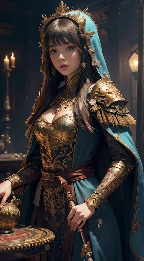 ((Masterpiece))), ((Best Quality))), ((Ultra Detailed)), (Surreal), (Highly Detailed CG Illustration), Cinematic Light, Realistic, Very Beautiful Young Lady,Sexy, Light Makeup, Intricate Details EABA, blue mate Cloak, red swords 8k