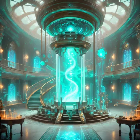 image of a room with a spiral staircase and a large glass column, fantasy alchemist laboratory, design de science fiction scenario surreal, futuristic chemistry lab, magic lab scenario, futuristic scientific laboratory, ornate cyberpunk interior, futuristi...