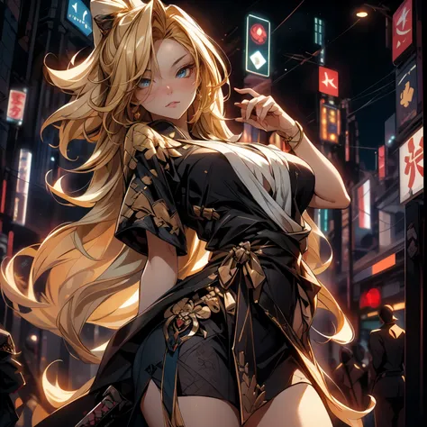 ((best quality)), ((Masterpiece)), ((Enrich the picture，Masterpiece level quality)), ultra background details, an image of a beautiful cyberpunk female, mature woman, fierce woman, cyberpunk theme, samurai woman, cyberpunk, fantasy, ((golden hair, long hai...