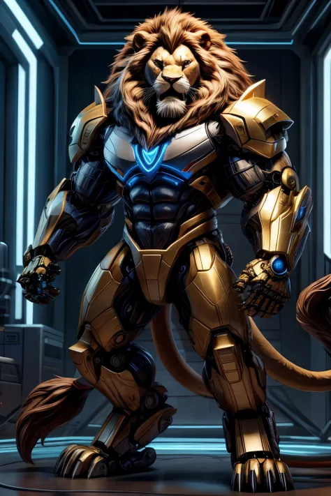 A muscular, standing lion with robotic arms and a sharp cybernetic tail, roaring as it prepares to attack.