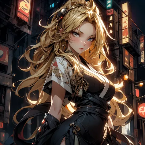 ((best quality)), ((Masterpiece)), ((Enrich the picture，Masterpiece level quality)), ultra background details, an image of a beautiful cyberpunk female, mature woman, fierce woman, cyberpunk theme, samurai woman, cyberpunk, fantasy, ((golden hair, long hai...