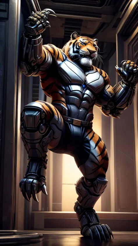 Tiger with cybernetic implants on his legs and sharp metal claws, in a jumping position, about to attack his enemy.