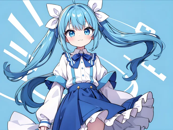 (score_9,score_8_up,score_7_up),masterpiece,best quality, source anime,2D,flat,1girl,1blue partner,cute,twintails, long sleeves, blue hair, long hair, blue eyes, White and pale yellow dress,long sleeves covering hands,bow, hair ribbon,standing,smile,:3,sim...