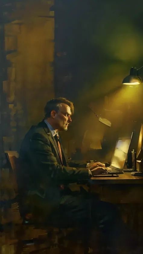 a stressed man sitting at a desk, detailed facial features, worried expression, hands on head, office desk with papers and laptop, warm lighting, cinematic composition, photorealistic, 8k, masterpiece