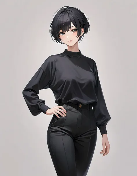 High-resolution anime digital art, Masterpiece, full body, tomboy, mature, sexy, smart, pixie cut hair color pitch black, real detail black colours eyes pupil black, long slevee black, long black pants, standing pose, smile face (simple background, white p...