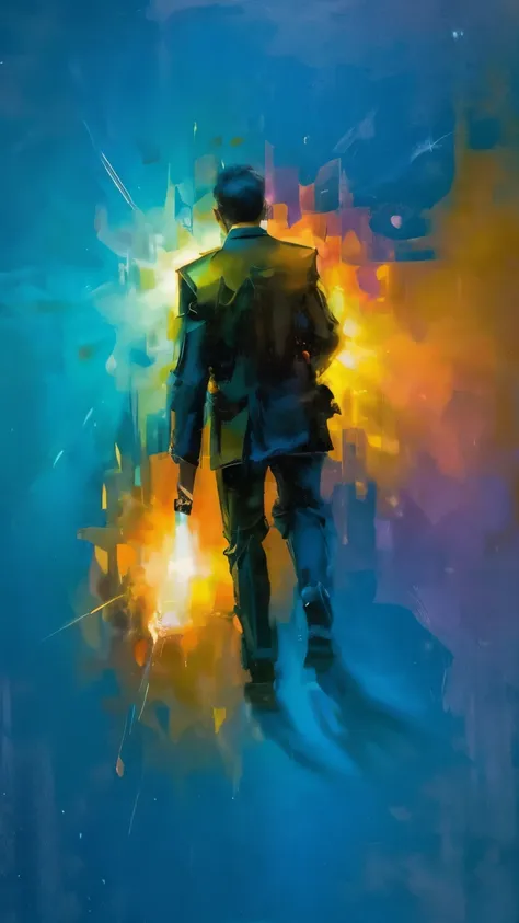 A faceless figure smashing through a glowing wall of abstract, colorful shapes representing doubt, fear, and hesitation. The surrounding atmosphere is hyperrealistic, filled with particles of light, symbolizing wisdom and triumph