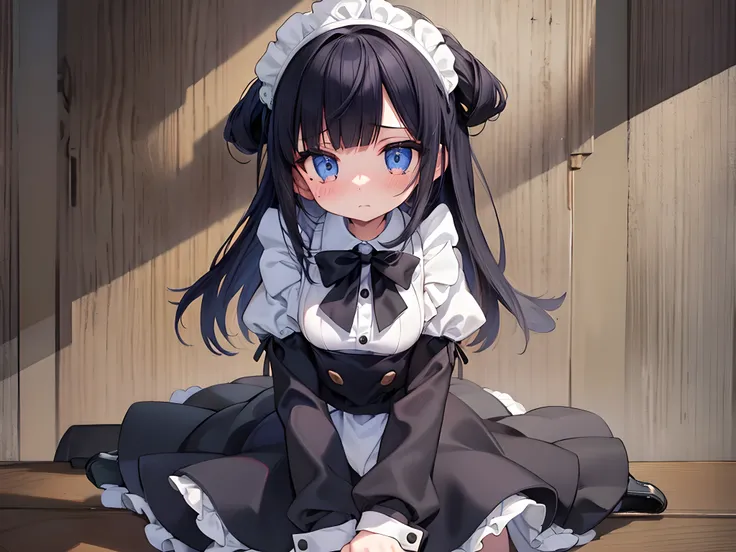 1girl, gothic maid dress, maid headdress, frilled maid apron, long sleeves, black hair, bob hair, blunt bangs, bare thighs, white panties, BREAK, sitting, spread legs, knees bent, arms behind back, blush, tears, closed mouth, steam, POV, front view, lookin...