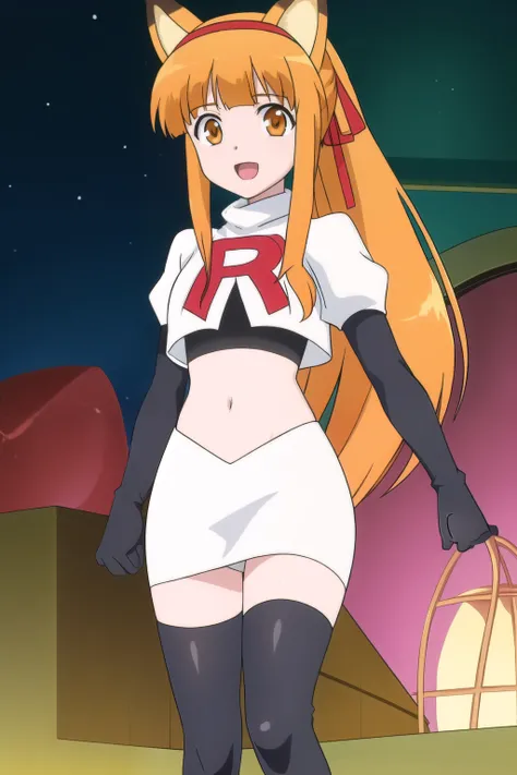 alma, solo, long_hair, looking_at_viewer, bangs, blonde_hair, animal_ears, brown_eyes, jewelry, hair_ribbon, yellow_eyes, ponytail, sidelocks, hairband, cat_ears, blunt_bangs, orange_hair, orange_eyes, fox_ears, fake_animal_ears, team rocket,team rocket un...