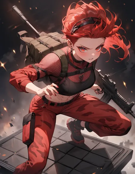 ((red camouflage)), masterpiece, best quality, e-girl make up, woman full atletic body, red hair, elegant hairstyle, with red military camouflage pants, tomboy attitude, combat pose, standing pose, communications diadem, mesh flannel without red military j...