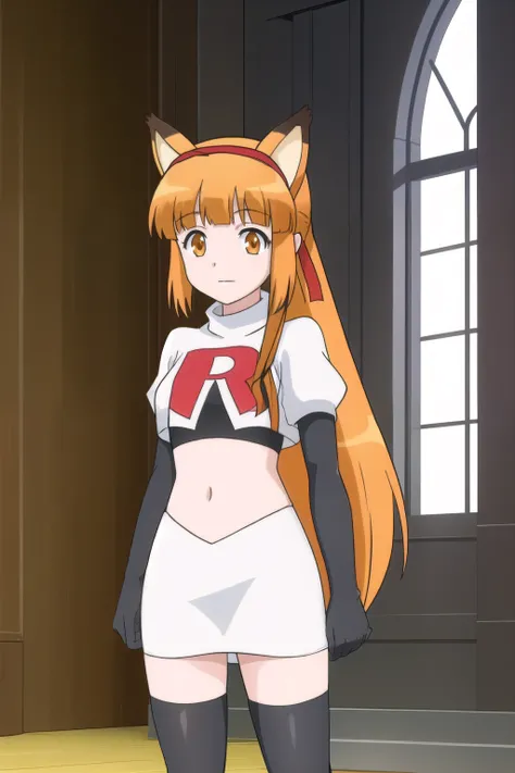 alma, solo, long_hair, looking_at_viewer, bangs, blonde_hair, animal_ears, brown_eyes, jewelry, hair_ribbon, yellow_eyes, ponytail, sidelocks, hairband, cat_ears, blunt_bangs, orange_hair, orange_eyes, fox_ears, fake_animal_ears, team rocket,team rocket un...