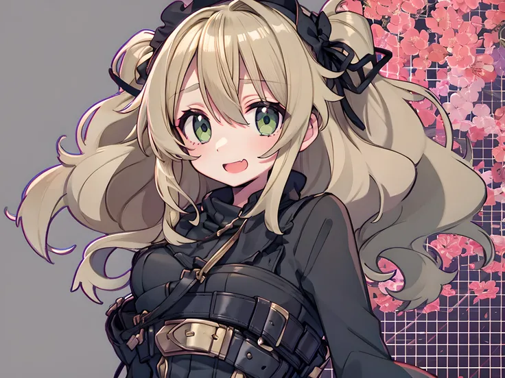 score_9, score_8_up, score_7_up,source_anime,1 cute girl,blonde hair, wavy hair, hair over one eye, sidelocks, tri tails,light green eyes,Cute and happy expression,BREAK,
(olive green military jacket with black lace cuffs: 1.3)
(black ruffled Lolita dress ...