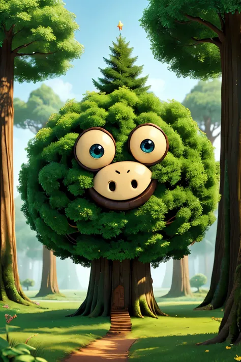 A magical tree with a friendly face smiling, looking at the background of a magical forest