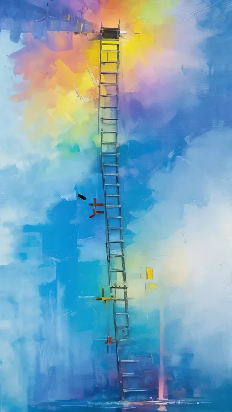 A hyperrealistic, colorful ladder leading toward a glowing number 100 in the sky. Each rung of the ladder is surrounded by swirling colors and abstract symbols of wisdom, perseverance, and progress.