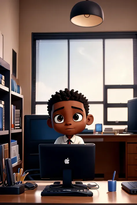 A black boy with big eyes working on a computer in a room