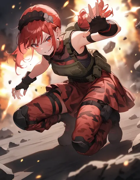 ((red camouflage)), ((1girl)), tactical maid, tactical clothes red camouflage, (tactical) light vest, tactical light equipment, Tactical boots, tactical straps, tactical knife, tactical fingerless gloves, tactical harness, maid battle, tactical thigh belt,...