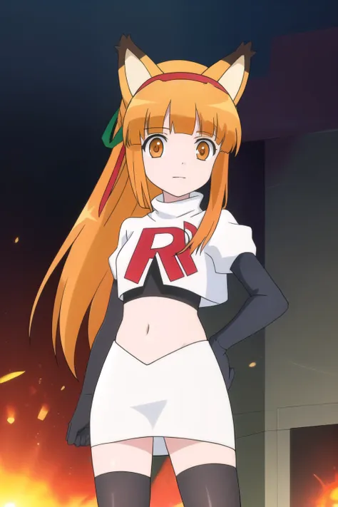 alma, solo, long_hair, looking_at_viewer, bangs, blonde_hair, animal_ears, brown_eyes, jewelry, hair_ribbon, yellow_eyes, ponytail, sidelocks, hairband, cat_ears, blunt_bangs, orange_hair, orange_eyes, fox_ears, fake_animal_ears, team rocket,team rocket un...