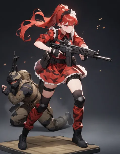 ((red camouflage)), ((1girl)), black ops, tactical maid, tactical clothes red camouflage, (tactical) black light vest, black tactical light equipment, Tactical boots, tactical straps, black tactical fingerless gloves, black tactical harness, maid battle, b...