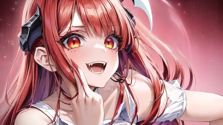 Anime girl with red hair and horns wearing a translucent white shirt, Devil anime girl, Devil Girl, Kurai Mika Devil, Makeup Gremory, Portrait of a female devil, portrait of Devil Girl, Succubus, Anime cute style, anime monster girl, VA-11 Hall-A, Lilith, ...