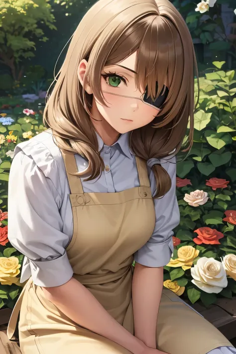 best quality, masterpiece, 1girl, mature, old woman, solo, green eyes, eyepatch aged woman, mature face, brunette hair, side part, medium hair, long hair, white dress, apron, sitting, upper body, flowers, fully covered, garden