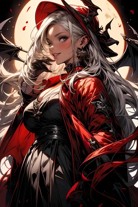 1lady,solo,vampire,fantastic,cool,big bust,cleavage darkness,white hair and long hair,gorgeous dress,black cloak,back old castle, red fullmoon,flying bat,