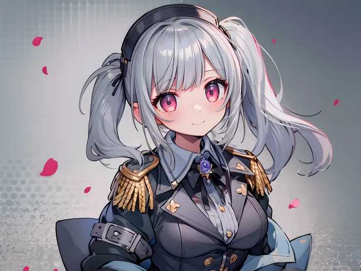 score_9, score_8_up, score_7_up,source_anime,1 cute girl,grey hair, hair,blunt bangs,hair intakes, low twintails,pink eyes,Cute and happy expression,BREAK,
(tailored gray military jacket with silver epaulets and black lace overlay: 1.4)
(black Lolita skirt...