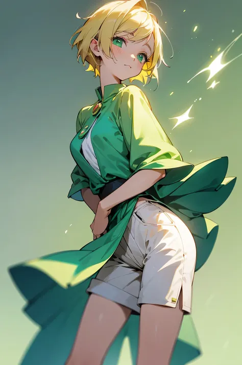 Create an anime-style female character with short blonde hair that has a light green tint. She has a cute, innocent expression with big green eyes. She is dressed in light mages attire consisting of shorts and a loose, flowing shirt, designed for comfort a...