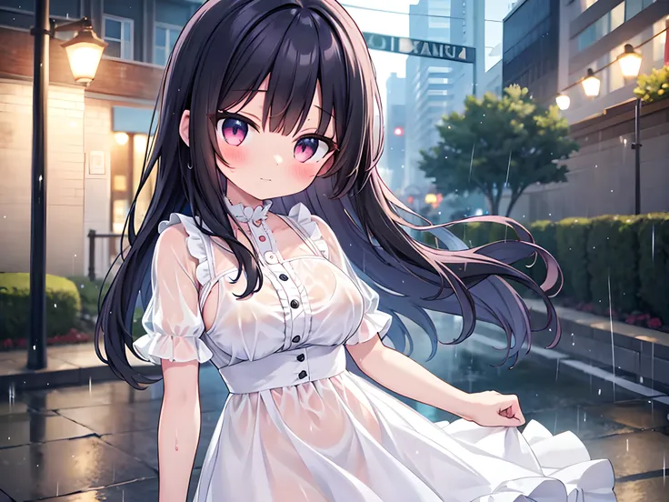 score_9,score_8_up,score_7_up,source_anime,masterpiece,best quality,1girl,(loli:1.3),large breasts,frilled,lace,white sundress,short sleeves,long hair,v arms,breasts squeezed together,(wet:1.3),(see-through:1.2),wet hair,light smile,blush,shy,anguish,rain,...