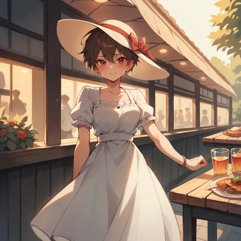 a tomboy with brown hair and red eyes blushes seeing you, she is wearing a sun dress. she is standing outside a restaurant at night