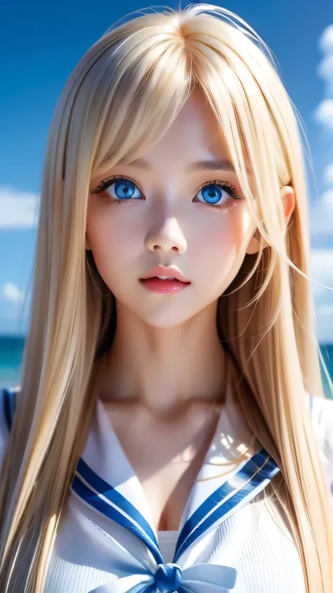 Beautiful girl with a pretty face、beautiful blonde straight super long hair、Half Body Shot、Beautiful long bangs hanging over the face、Very beautiful, bright, pale sky blue eyes、Very big eyes、Blonde hair between the eyes、Round face、Blonde hair above the eye...