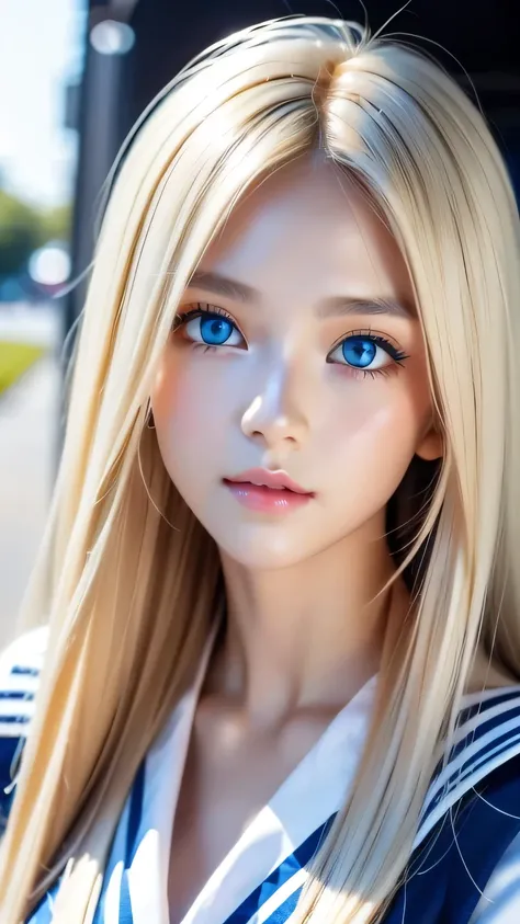 Beautiful girl with a pretty face、beautiful blonde straight super long hair、Half Body Shot、Beautiful long bangs hanging over the face、Very beautiful, bright, pale sky blue eyes、Very big eyes、Blonde hair between the eyes、Round face、Blonde hair above the eye...