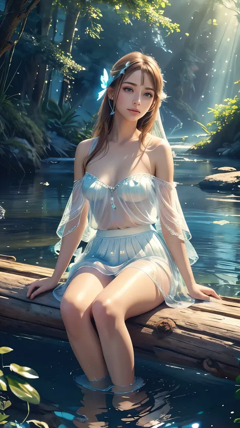 (best quality,ultra-detailed),(realistic:1.37),transparent water,blue butterfly,beautiful detailed eyes,beautiful detailed lips,sparkling,airy,ethereal,soft sunlight,calm,serene,white gauze skirt,vivid colors, sitting on a log