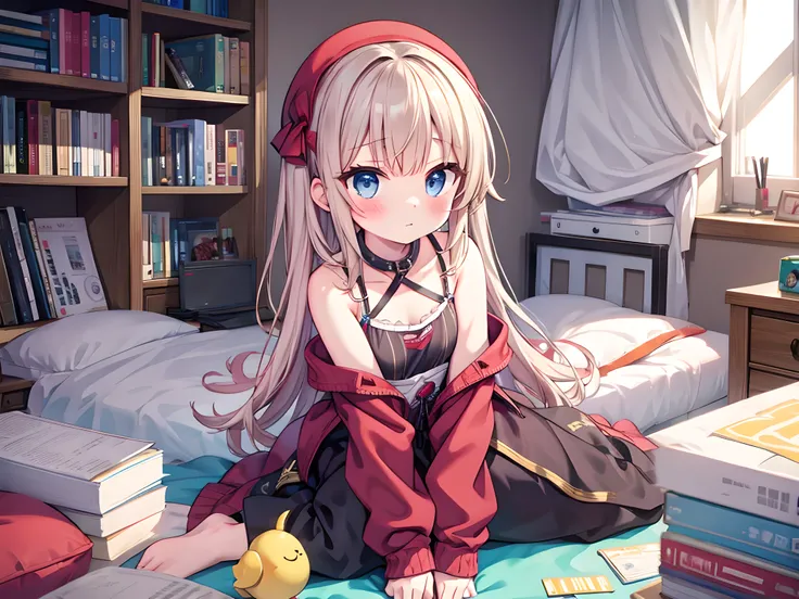Shy girl in messy room, tareme, Fidgety girl, flustered, withdraw from society , otaku girl, sleeves past wrists
BREAK