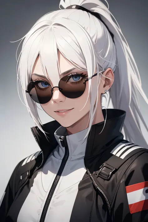 masterpiece, best quality, 1girl, white hair, black racing suit, smile, long hair, ponytail, mugshot, upper body, round sunglasses, empty background, detailed eyes, detailed facial features, realistic and high resolution (best quality, 4k, 8k, highres, mas...