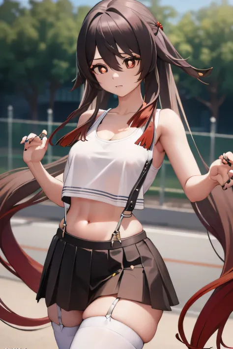 Hu tao, tifa lockhart, black hair, long hair, (low-tied long hair:1.5), (red eyes:1.5), flowing bangs, single sidelock,
break arm guards, bare shoulders,  black skirt, black play sports often, black Thighhighs, clavicle, crop top, earrings, jewelry, abdome...