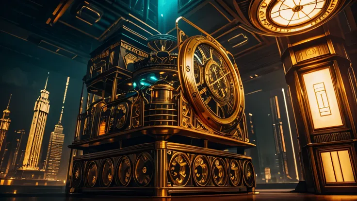 intricate steampunk time machine, levitating above a futuristic cyberpunk city, highly detailed gears and mechanisms, brass and copper accents, glowing energy core, intricate clockwork mechanisms, complex control panels, glass and metal components, retro-f...