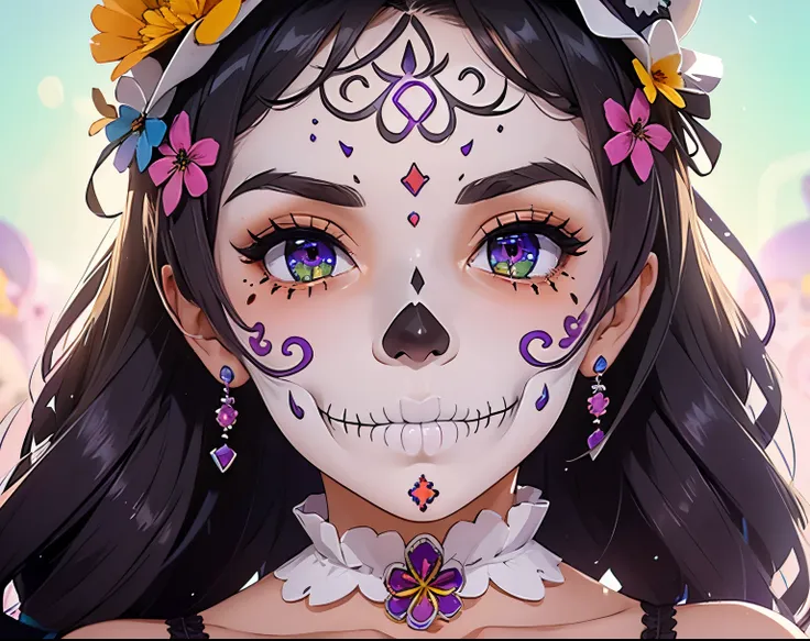 Día de los Muertos Makeup is a vibrant tradition often featuring intricate designs inspired by sugar skulls. The makeup usually includes bold colors, floral patterns, and skeletal motifs, symbolizing life and death. Flowers, especially marigolds, are essen...