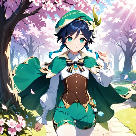 (best quality,4k,8k,highres,masterpiece:1.2),1boy,venti genshin impact,male focus,flat chest,ultra-detailed,morning of spring,delicate light rays,soft color palette,elegant curves,effects of light and shadow,flower petals falling,springtime essence,etherea...