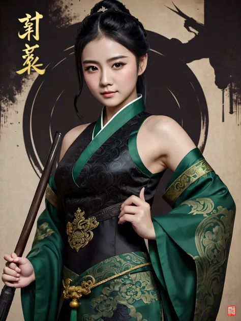 1 girl, heroine, handsome, splashed ink, Chinese armor, (upper body), black hair, floating hair, delicate eyes, black and green antique damask Hanfu, fov, (f1.8), (masterpiece), (portrait shot), front shot, white background, (movie poster), weapon