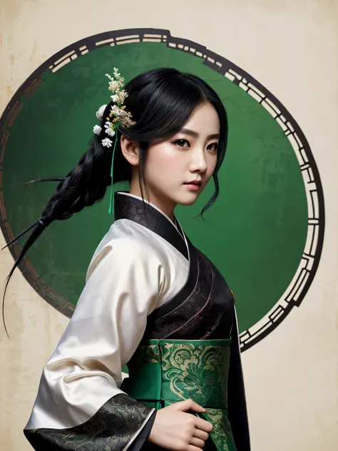 1 girl, heroine, handsome, splashed ink, Chinese armor, (upper body), black hair, floating hair, delicate eyes, black and green antique damask Hanfu, fov, (f1.8), (masterpiece), (portrait shot), front shot, white background, (movie poster), weapon